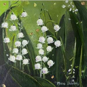 May birth flower Lily of the Valley painting by Irish artist Maria Dowling with delicate white bell flowers emerging from rich green foliage.