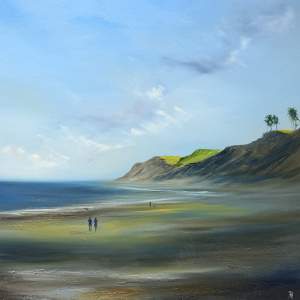 Ballinamona Beach by Paul Ryan, original oil painting featuring walkers on a sandy Wexford beach beneath dramatic grassy cliffs and a soft blue sky.