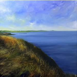 Looking North from Cahore by Paul Ryan, original oil painting showing golden grasses on the Cahore cliffs overlooking the Irish Sea, with the coastline and Sugarloaf Mountain in the distance.