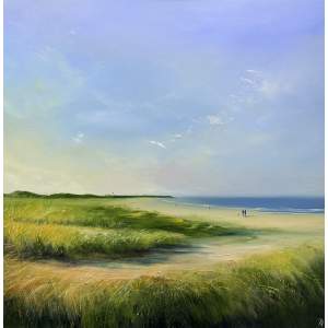 Breathing Space – Old Bawn, original oil on canvas by Paul Ryan, depicting grassy sand dunes, an expansive blue sky and walkers along Old Bawn Beach in County Wexford.